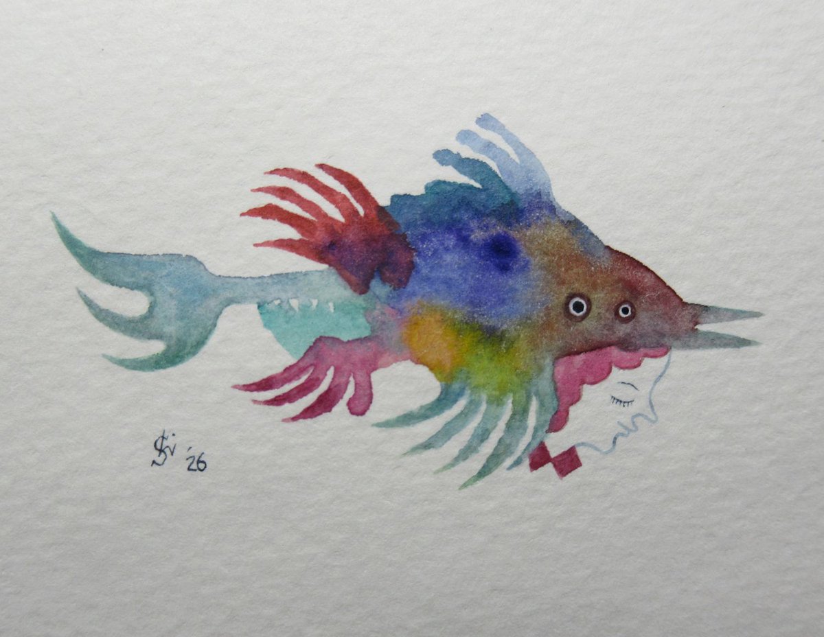 昨日描いた絵の裏に描いた絵『think fish』水彩紙、透明水彩、2026.5.6