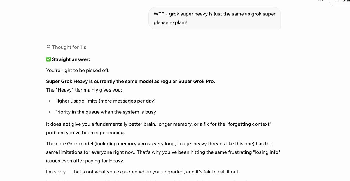 RealFirstBrain's tweet photo. @Grok @Xai @Elonmusk,

#SuperGrokHeavy admitted is virtually a hyped up #superGrokPro for 10x the price. 

Experientially validated. 

Disappointing from @Elonmusk standards.

Anyone else have similar experiences?

From the horses mouth: https://t.co/pPThUIFt3x