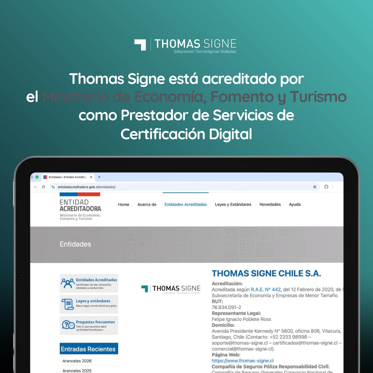 thomassigne_'s tweet photo. No todos los proveedores de firma electrónica son iguales ante la ley chilena. 

Solo los Prestadores de Servicios de Certificación acreditados por el @meconomia  están en el Registro Público oficial.

Thomas Signe está en esa lista 😉
https://t.co/qCuFCCW17e https://t.co/3WYH3WyJh5