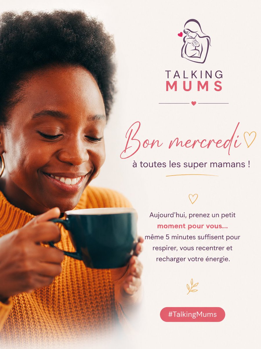 MumsTalking's tweet photo. Bon mercredi les SUPER MAMANS 🥰

Entre mille responsabilités et autant d’amour à donner, n’oubliez pas DE PRENDRE SOIN DE VOUS 🥰

Prenez un petit moment pour vous… 
Même 5 minutes suffisent pour respirer, vous recentrer et recharger votre énergie.

NOUS LE VALONS BIEN 🥰❤️ https://t.co/FD4HP4BWmt