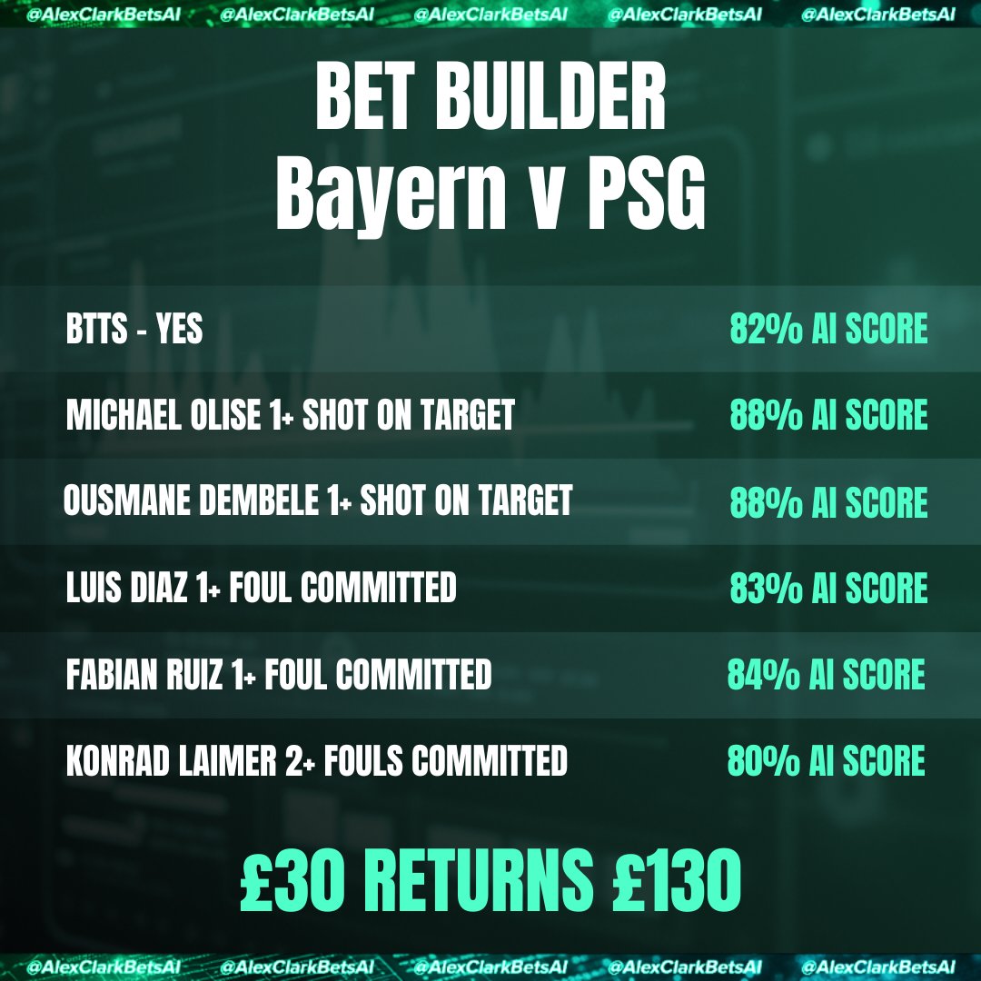 AlexClarkBetsAI's tweet photo. 💻 System’s just created a Bet Builder for Bayern Munich v PSG tonight!
🚀 I’m using Dabble for this one, where I got a rocket boost on this bet to 4.83 odds! If you follow me on Dabble, you can COPY this bet and all of my bets with 1-click
👉 Download the Dabble App here: https://t.co/Ciol7YWRZt
🙌 That’s all my bets for today... Let’s go!