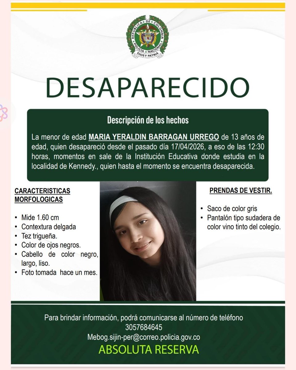 PasaenBogota's tweet photo. #BOGOTÁ. Servicio Social. Menor desaparecida en la localidad de Kennedy. Por favor #difundir cualquier información que tengas comunícate al número que aparece en la foto de referencia muchas gracias. https://t.co/eHlRnd0zbW