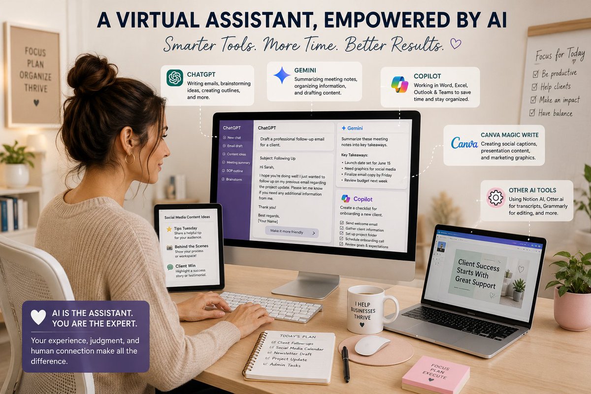 thebestva's tweet photo. AI doesn’t have to be scary. 💻✨
Virtual Assistants can use simple AI tools to save time, reduce overwhelm, and boost productivity — without being tech experts.  Start small. Learn as you go.
https://t.co/3JUvIW6ebl

#VirtualAssistant #AI #Productivity https://t.co/9LuySgw6Ru