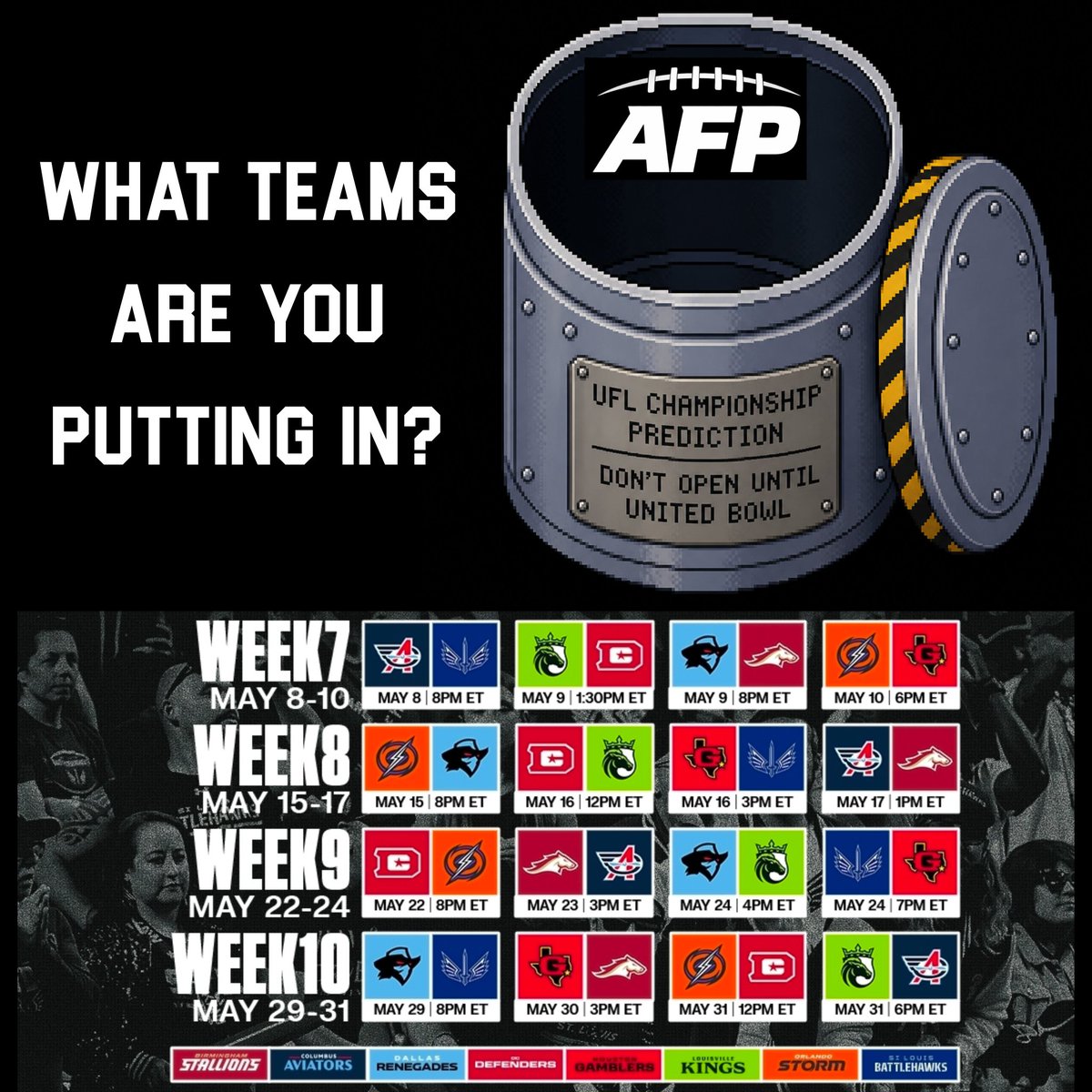 <a href="/AFPAltFBPanel/">Alternative Football Panel</a>
Presents The United Bowl Time Capsule!

Answer who makes the playoffs, the <a href="/UFLUnitedBowl/">United Bowl</a>, and is this years <a href="/TheUFL/">United Football League</a> Champ!

Contest ends Friday 8pm

forms.gle/SLC1iESZpX31Ah…