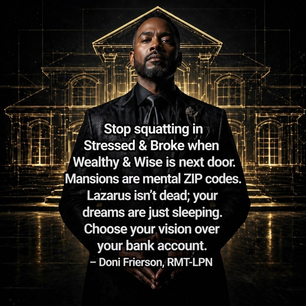 DoniFrierson's tweet photo. Stop squatting in 'Stressed &amp; Broke' when 'Wealthy &amp; Wise' is next door. 🏡 Mansions are mental ZIP codes. Lazarus isn’t dead; your dreams are just sleeping. Choose your vision over your bank account. 🥂

Doni Frierson, RMT-LPN
#Manifestation #IAM #NevilleGoddard #Sovereignty https://t.co/KrvnP0OnQF