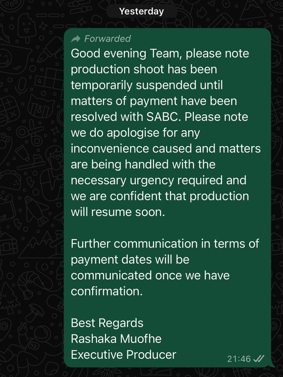 PhilMphela's tweet photo. STATEMENT:  

Production halted on SABC2 telenovela Pimville

Cast and crew not paid their salaries. 

SABC says it has fulfilled all contractual obligations to the production company, Bakwena Productions. 

#KgopoloReports https://t.co/b7NIsbqQMG