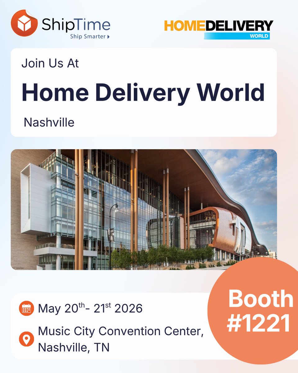 ShipTime's tweet photo. We’re heading to Home Delivery World 2026 in Nashville, TN on May 20th-21st 📍

Join us at the ShipTime booth #1221 to see how businesses are gaining more control, visibility, and efficiency across their shipping operations.

#homedeliveryworld2026 #homedeliveryworld https://t.co/3LMKWlOUJB