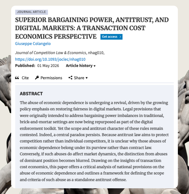 LawEconCenter's tweet photo. Policymakers are repurposing traditional bargaining power provisions for digital markets. In a new article, @GiuColangelo uses transaction cost economics to examine the scope and antitrust character of the abuse of economic dependence.

Read the full article below ⬇️ https://t.co/5t4ta9DXDr