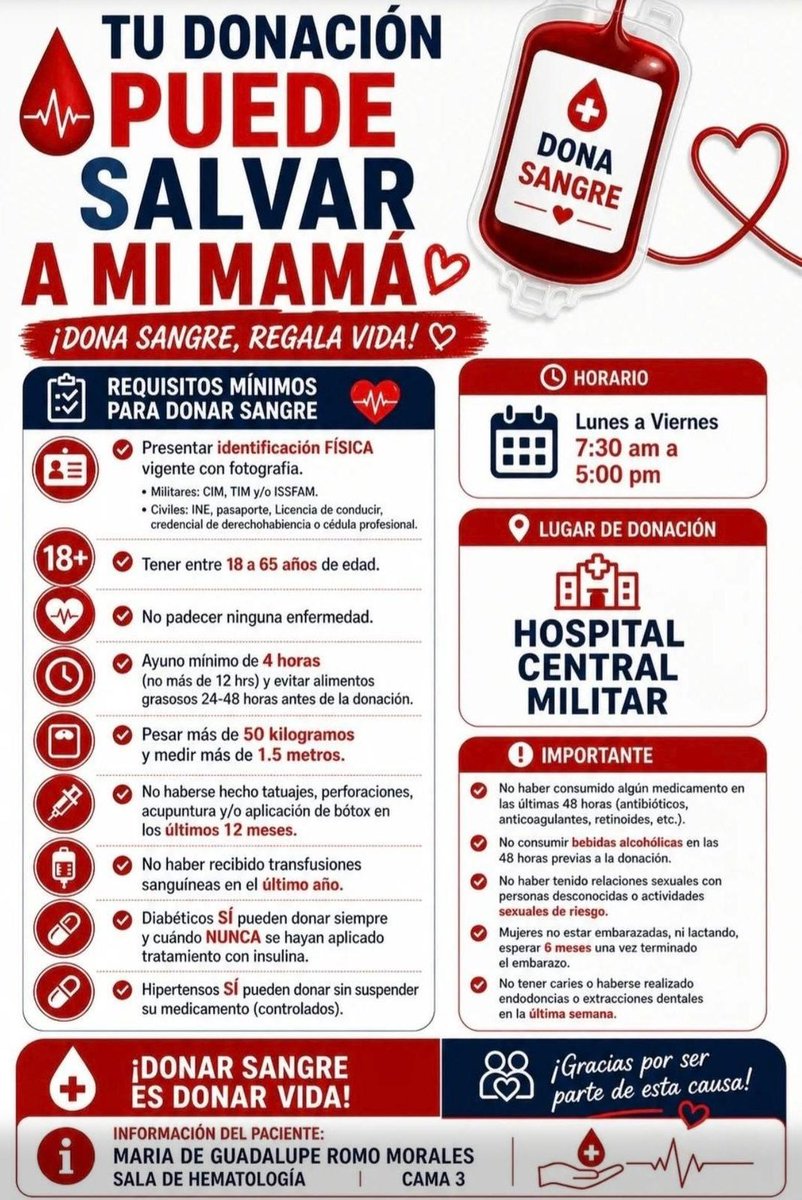 #URGENTE #CDMX #Sangre de cualquier tipo para María de Guadalupe Romo Morales, en el Hospital Central Militar.
Contactar al: 744 222 0582.

#DonaEnVida #SangreQueUne