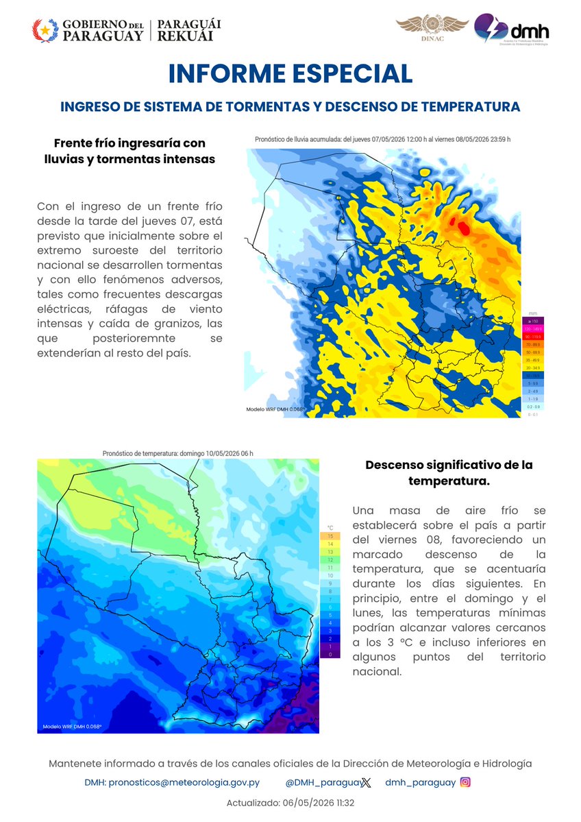 🌩️❄️ INFORME ESPECIAL
Ingreso de sistema de tormentas y descenso de temperatura sobre el territorio nacional.
Fecha: 06/05/2026
Hora: 11:36 h.