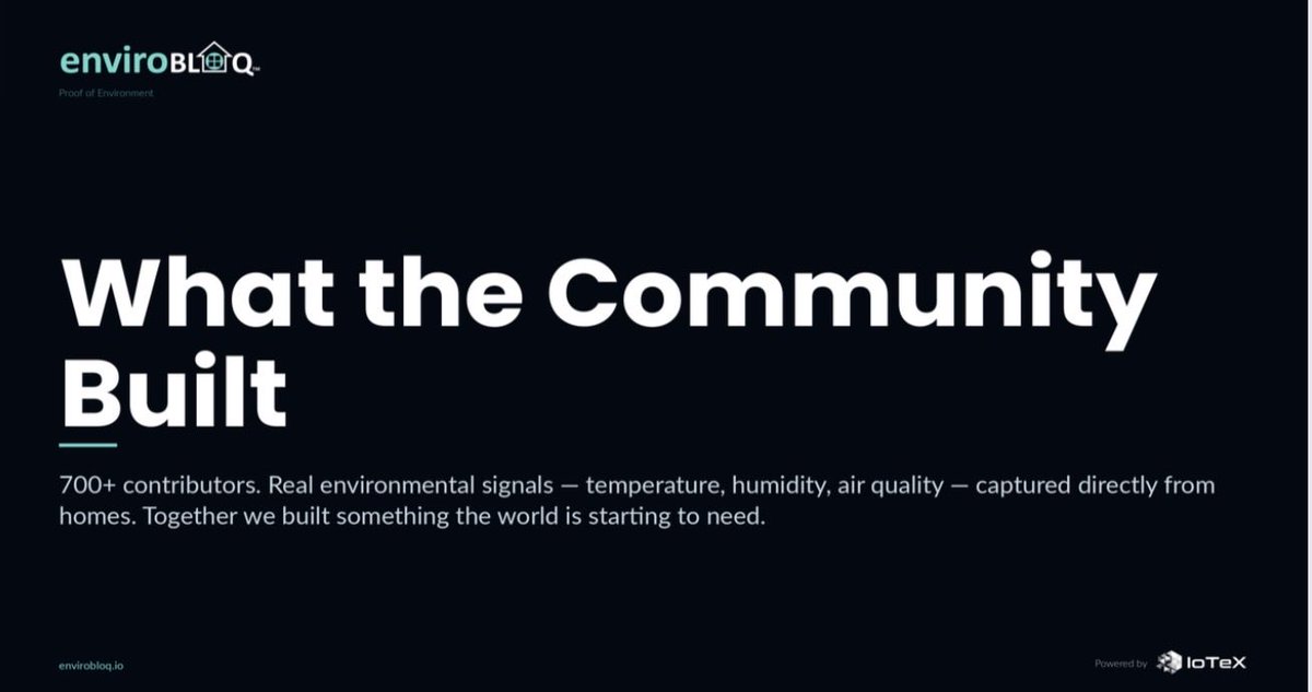 envirobloq's tweet photo. Environmental data is the new frontier for understanding how our homes and buildings actually interact with the real world.

Through @enviroBLOQ, our contributors are helping us build a growing, decentralized dataset of live signals — temperature, humidity, air quality, and beyond.

Though data rewards have been paused while we transition to the next phase of the project, the network continues to expand, thanks to our amazing community. This is DePIN at its best!

#DePIN #IoTeX #RealWorldAI