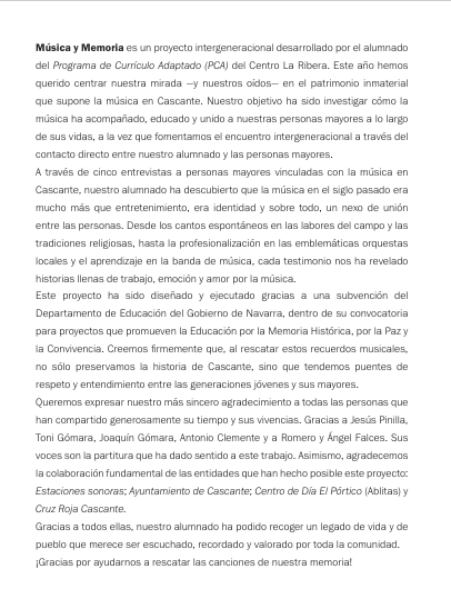 RadioCierzo's tweet photo. Estreno del documental “Música y memoria”
🗓 8 de mayo de 2026 / 11:15 / Emisión y posterior coloquio con protagonistas
📌Centro “Avenida” de Cascante
🎟 Entrada gratuita
#EstacionesSonoras #Cascante #TurismoNavarra #NavarraLiveMusic #ReynoGourmet #EventoPúblicoSostenible https://t.co/xYXXyLvE5k