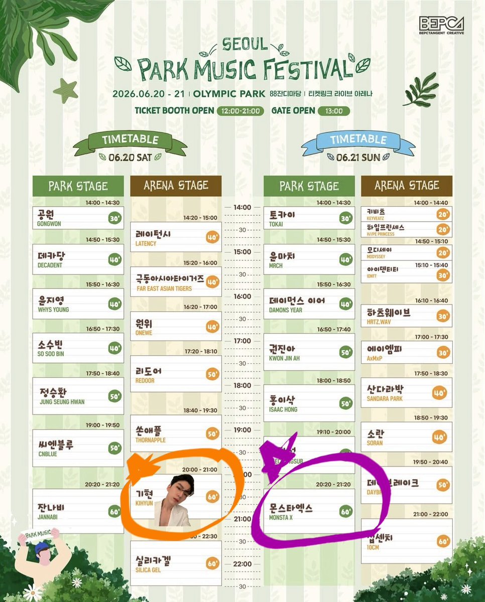 서뮤페 타임테이블 미쳤다🔥
•06.20(토)20:00-21:00 
기현 / Arena Stage
•06.21(일)20:20-21:20 
몬스타엑스 / Park Stage
양일 연속 8시대 프라임 타임😍 

#서울파크뮤직페스티벌
#셔누 #민혁 #기현 
#형원 #주헌 #아이엠
#몬스타엑스
