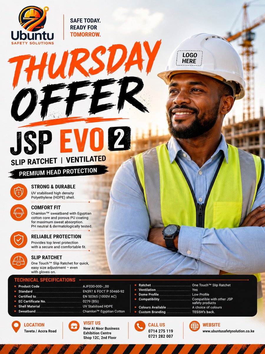 🚧 JSP EVO 2 HARD HATS AVAILABLE

Engineered for comfort. Built for protection.

🚚 Free CBD Delivery
⚡ Same-Day Nairobi Delivery

👉 Enquire today