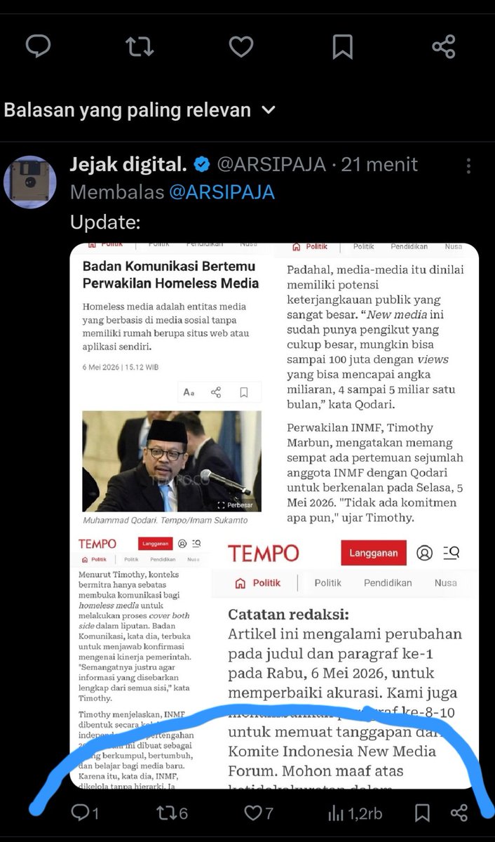 Hoax yang kalian bikin udah 145 ribu tayangan. Tapi update klarifikasi/revisi beritanya cuma 1,2 ribu tayang di akun penyebar yang sama. <a href="/tempodotco/">tempo.co</a> 

Mantap impactnya kalian bikin penyesatan informasi. 👏🏽👏🏽