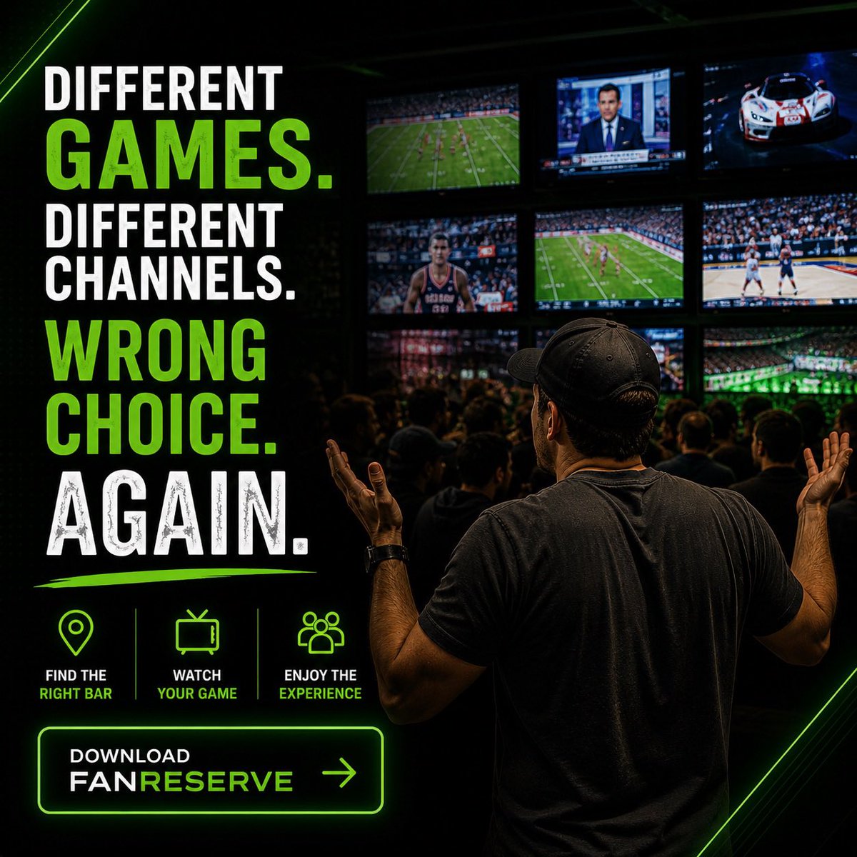 theFanReserve's tweet photo. Ever walked into a sports bar and not a single TV has your game on?

Yeah. We’re fixing that.

🌐 https://t.co/ZJERh7tzLe

#FanReserve #SportsBar #NFL #CollegeFootball #MarchMadness #NBA #GameDay #SportsFans #SportsTech #OwnTheScreen https://t.co/j9fkoBxtBm