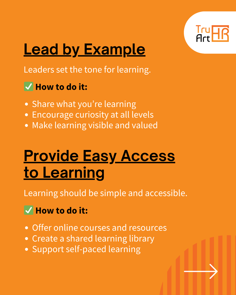 tru_art_hr's tweet photo. Learning shouldn’t stop after onboarding 🌱

Build a culture of continuous learning:
• Lead by example
• Make learning accessible
• Encourage knowledge sharing
• Reward growth
• Embed learning into daily work
Great teams don’t just work, they learn, adapt &amp; grow 🚀
#HR https://t.co/AHqS6B7V2X