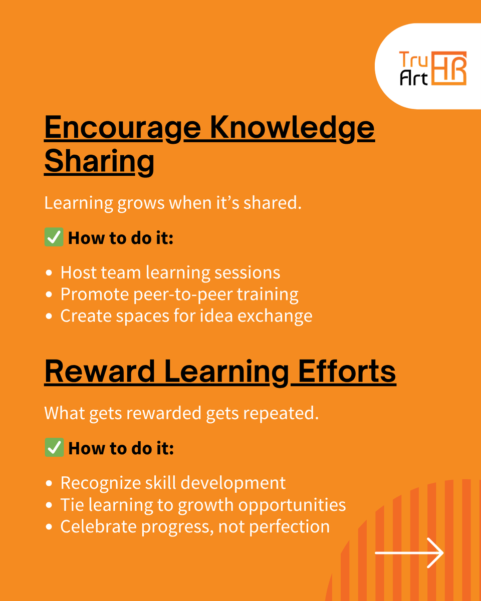 tru_art_hr's tweet photo. Learning shouldn’t stop after onboarding 🌱

Build a culture of continuous learning:
• Lead by example
• Make learning accessible
• Encourage knowledge sharing
• Reward growth
• Embed learning into daily work
Great teams don’t just work, they learn, adapt &amp; grow 🚀
#HR https://t.co/AHqS6B7V2X