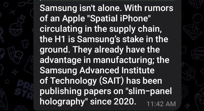 Samsung is reportedly moving its 3D Plate tech to mobile with the MH1 (H1) display. Forget 2D we’re talking glasses-free holographic depth &amp; spatial AI avatars floating above the glass. More info will be shared on Schrödinger Intel soon...