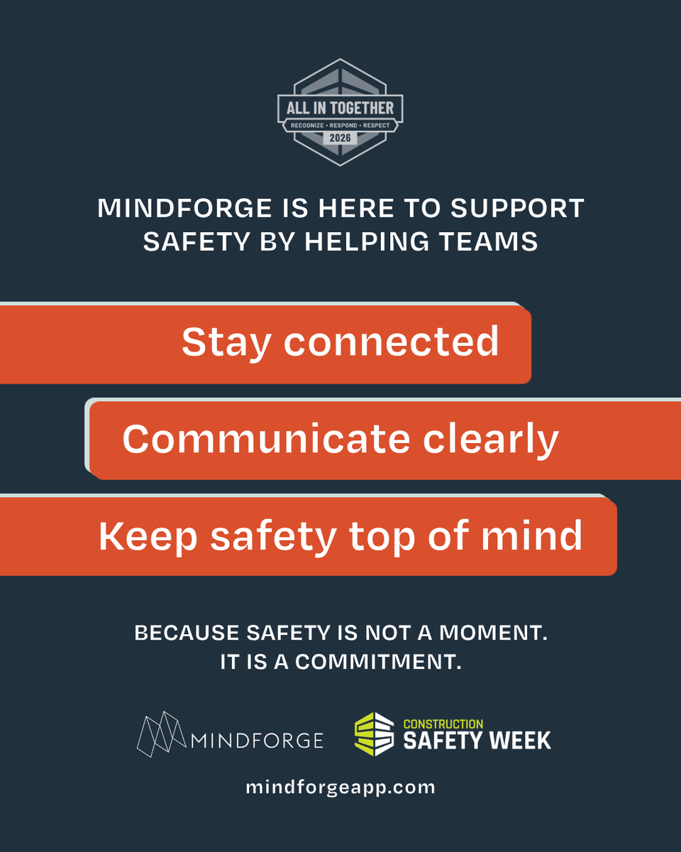 MindForge's tweet photo. Safety Week ends. The commitment does not. Stay connected, communicate clearly, and keep safety front and center with MindForge. 

Schedule a call to see how MindForge could support your jobsite.
#SafetyCulture https://t.co/aiYMQBgJ9h
