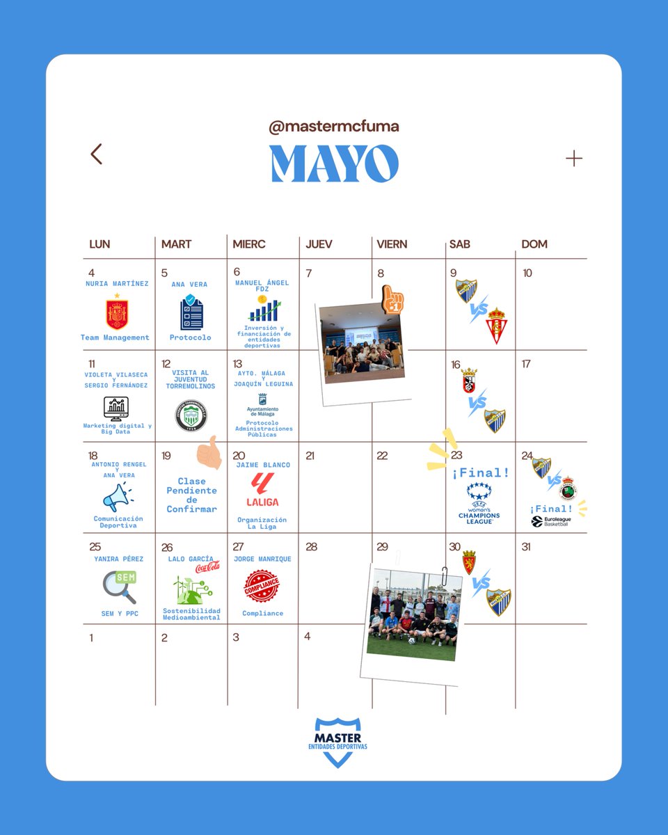 mastermcfuma's tweet photo. ✨ ¡Recta final en mayo!

📚 Aula: LaLiga, Compliance, Sostenibilidad.
🏟️ Fuera: J. Torremolinos, finales y @MalagaCF.

📚 Aprender en clase.
⚽ Vivirlo en el estadio.
🚀 Formarse para el futuro.

#MasterUMA #MalagaCF https://t.co/TUHfMMAiAi