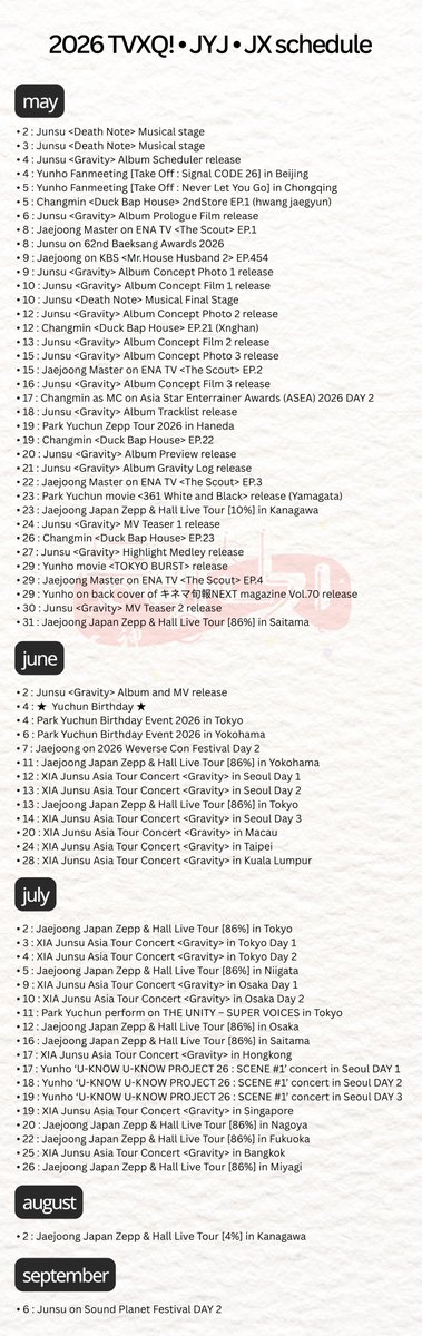 dbskfanbaseid's tweet photo. 📌 TVXQ! JYJ 2026 Schedule📝

𝗤𝟮. 𝗠𝗔𝗬 𝗧𝗢 𝗦𝗘𝗣𝗧𝗘𝗠𝗕𝗘𝗥✅

⊹ junsu cb 6/2
⊹ yunho-junsu concert
⊹ junsu dracula after tour
⊹ changmin duckbap house every tue
⊹ jaejoong the scout every fri
⊹ changmin choi crew every sat

we’ll keep update✨

#동방신기 #tvxq #jx☘️ https://t.co/36hZfsdxIE
