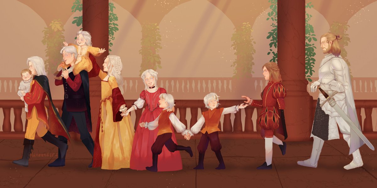 lavaunders's tweet photo. prince aerion targaryen, his children, and their assigned knight that almost always shadows #dunkaerion 

#dunkaerionweek2026 day 4: free day !!! https://t.co/XD2yohpGdT