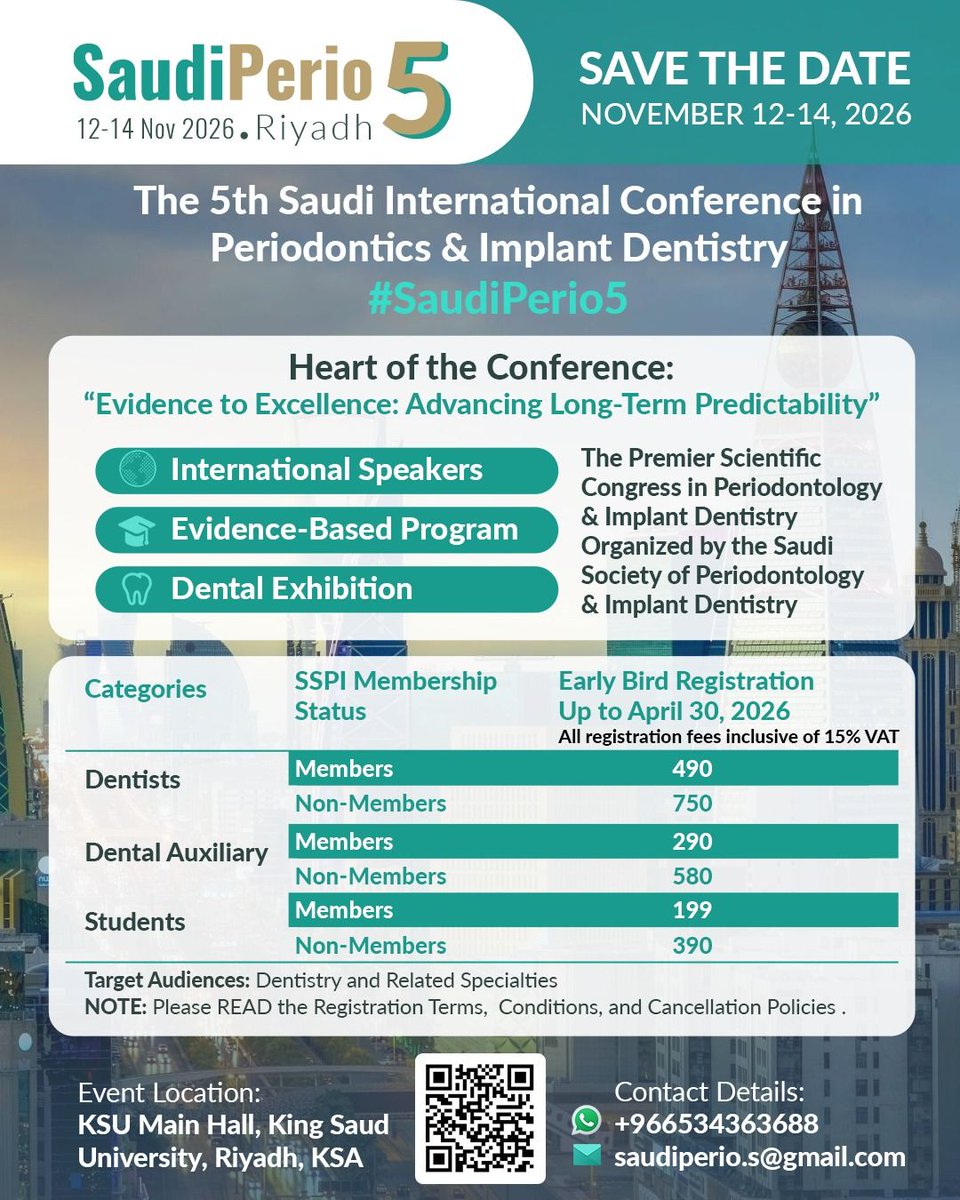 saudiperio's tweet photo. Join the 5th Saudi Int'l Conference in Periodontics &amp; Implant Dentistry (#SaudiPerio5)! 🇸🇦

🔬 Theme: Evidence to Excellence
📅 12-14 Nov 2026
📍 KSU Main Hall, Riyadh
⏳ Early Bird ends June 01!
🔗 https://t.co/ayAkGoCi0C 

#Periodontics #ImplantDentistry #Riyadh https://t.co/yv9HQvDiY0