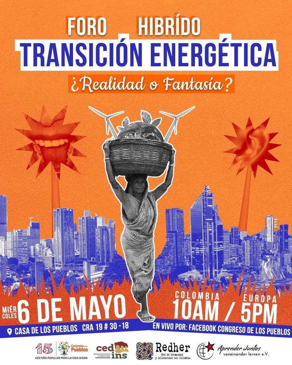 CNA_Colombia's tweet photo. ⚡ La llamada “transición energética” no es neutral.
Hoy se disputa quién decide, para quién y a costa de qué territorios.

El @CPueblos_Col hace la invitación a este foro híbrido para poner en debate los modelos energéticos que se promueven desde gobiernos y corporaciones, y sus impactos en la vida, el trabajo y los territorios.

🌎 Participan:
• Sindicato de minas de carbón en Alemania (Revierwende)
• Asesor en clima y energía del grupo parlamentario Die Linke
• Representación de la UGT España
• Movimiento social y sindical en Colombia
• Colectivo internacionalista Aprender Juntos

🌱 Una conversación necesaria para quienes defienden la vida, el territorio y la soberanía energética.

🔗 Conéctate a la transmisión en el enlace 👇
https://t.co/QtmJ2PrqVE