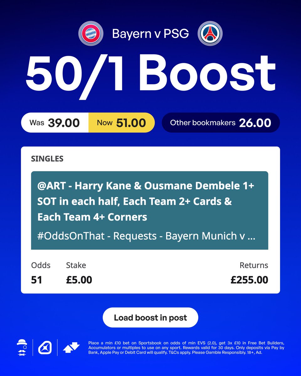 AndyRobsonTips's tweet photo. ⚡️ 50/1 Boost for Bayern v PSG

📈 50/1 with Betfair. 📉 20/1 elsewhere.

Load bet: https://t.co/28ZL4653wv

New to my page? Join Betfair to access the exclusive price &amp; get £30 in Free Bets.

Claim offer: https://t.co/alBtJRFneX

18+, T&amp;Cs Apply. Ad. https://t.co/4mH4FY9LlR