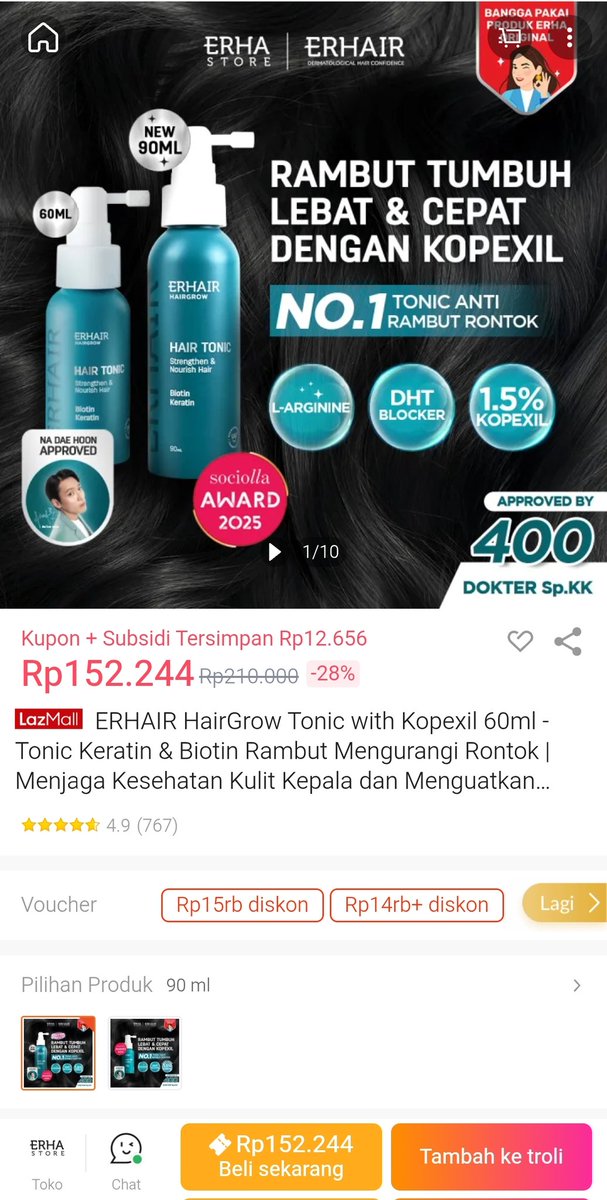 SuferFollowers_'s tweet photo. solusi buat yang rambutnya tipis dan gampang patah, pake erhair tonic yang ada kopexil-nya. menurut gue ini Produk Beauty Worth It banget buat hair care routine. apalagi di lazada 5.5 sale ada voucher bonus s.d. 500 ribu, langsung checkout aja sih! 

​https://t.co/uaxM3Fqt2Q https://t.co/x7uJnpzkM5