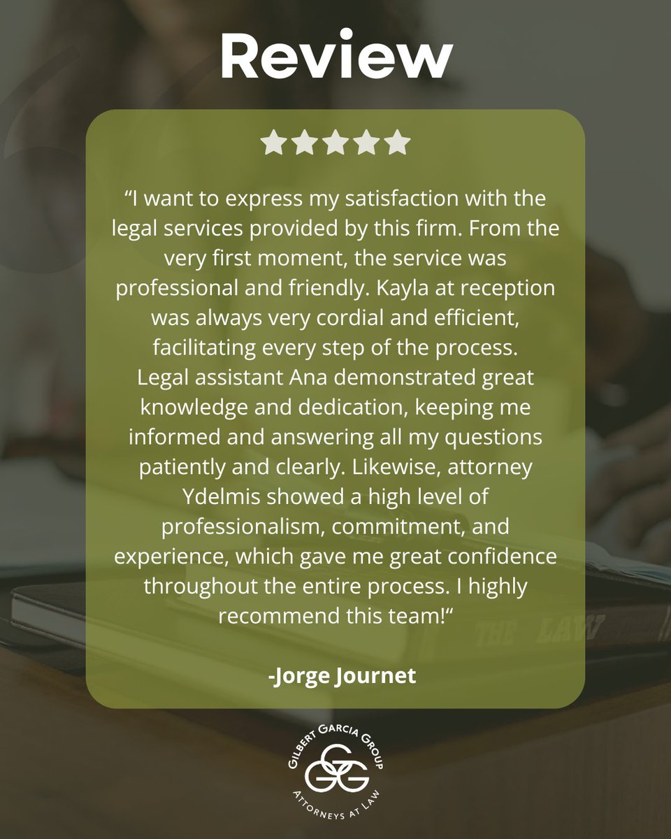 Gilbert_Group's tweet photo. We’re grateful for feedback that reflects our team’s dedication, from Kayla’s welcoming first impression to Ana’s clear communication and Attorney Ydelmis’s commitment. Thank you for trusting us with your legal matter. https://t.co/jptN1wrESw