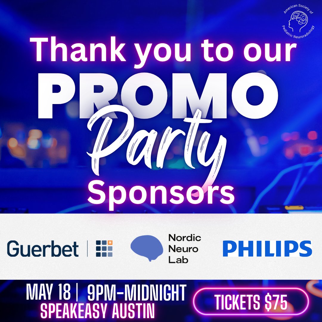 The_ASPNR's tweet photo. A huge thank you to our incredible Promo Party sponsors for helping make this event possible:
✨ Guerbet, NordicNeuroLab, and Philips

There’s still time to join the fun — Promo Party tickets are still available! Don’t miss your chance to connect, celebrate, and enjoy one of the most anticipated social events of the meeting.

🎟️ Purchase your tickets today before they sell out!
https://t.co/kHTMTCgtrf