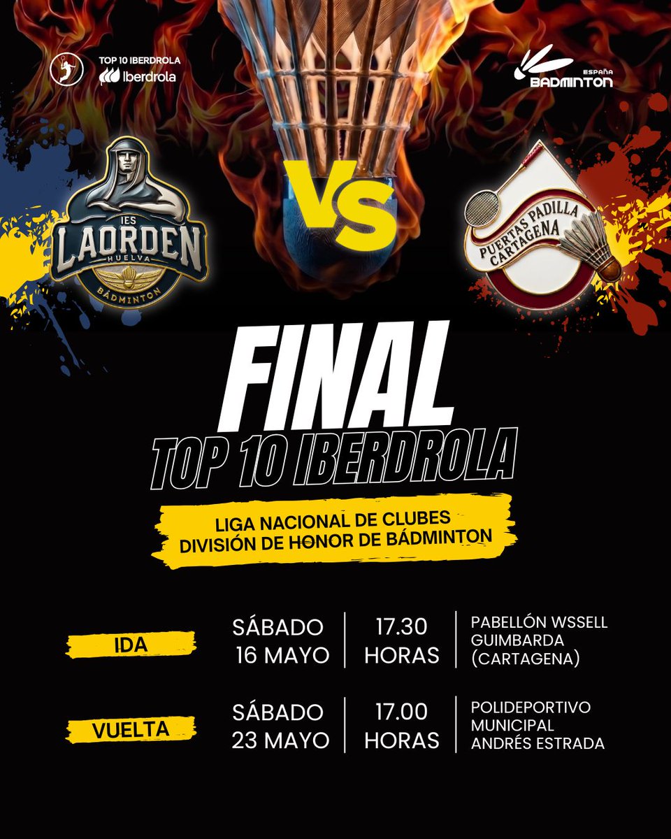 CBIESLAORDEN's tweet photo. 💥 Ya está muy cerca el momento más esperado de la temporada, la batalla final por el título del #top10iberdrola que enfrentará a @CBIESLAORDEN 🆚 @BDM_Cartagena
¡Comienza la cuenta atrás! #ORGULLODEHUELVA #badminton #ieslaorden https://t.co/MSojbsExfS