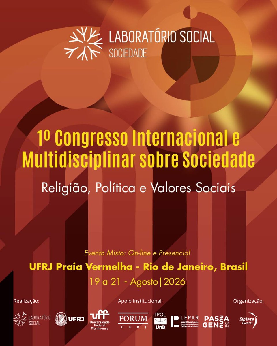 LabSintese's tweet photo. Envio de resumos para os Grupos de Trabalho do 1º Congresso Internacional sobre Sociedade: Religião, Política e Valores Sociais até 25/05/26 O evento acontece entre os dias 19 e 21 de agosto de 2026, exclusivamente na modalidade online, no âmbito dos GTs. https://t.co/VQTXFHaQNs https://t.co/BbEKZnokk7