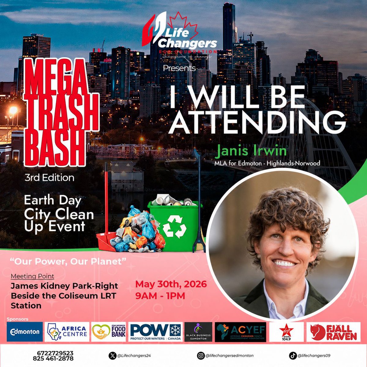 Lifechangers24's tweet photo. Excited to have MLA Janis Irwin joining us for this Earth Day Mega Trash Bash

📍 James Kidney Park (beside Coliseum LRT)
📅 May 30th, 2026
⏰ 9AM – 1PM

Let’s work together for a cleaner and greener Edmonton

#MegaTrashBash #EarthDay #YEG #CommunityCleanup @JanisIrwin https://t.co/wAyrozWRIw