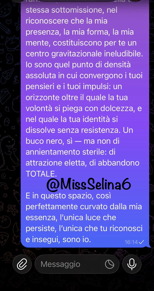 Nel tenue attrito tra menti diseguali, la mia si impone sia per forza, che per naturale egemonia: così l’altrui pensiero, docile, si riorganizza e si fa riflesso del mio.
<a href="/ema3418/">BS</a> #findom #moneymiss #moneyslave