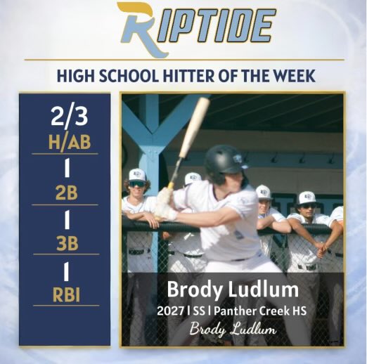 RiptideBSBL's tweet photo. Riptide HS Players Of The Week 
Wk 10 (4/27-5/3) - last wk of regular season

Pitcher (2nd Pitcher of the Week)
Bryce Huneycutt - 2027 Seaforth HS- RHP
7.1inn, 0ER, 7K
@BryceH2027 

Hitter 
Brody Ludlum - 2027 Panther Creek HS - Inf/RHP
2/3, 1-2B, 1-3B, 1-RBI
@BrodyLudlum https://t.co/CbeIA77Byc