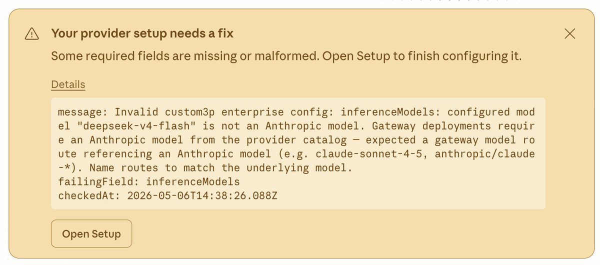 ruslo's tweet photo. Seems like Anthropic disallowed Claude desktop third-party inference using open-sourced models. 
Anyone using this method facing this? https://t.co/byg3XKFwEb