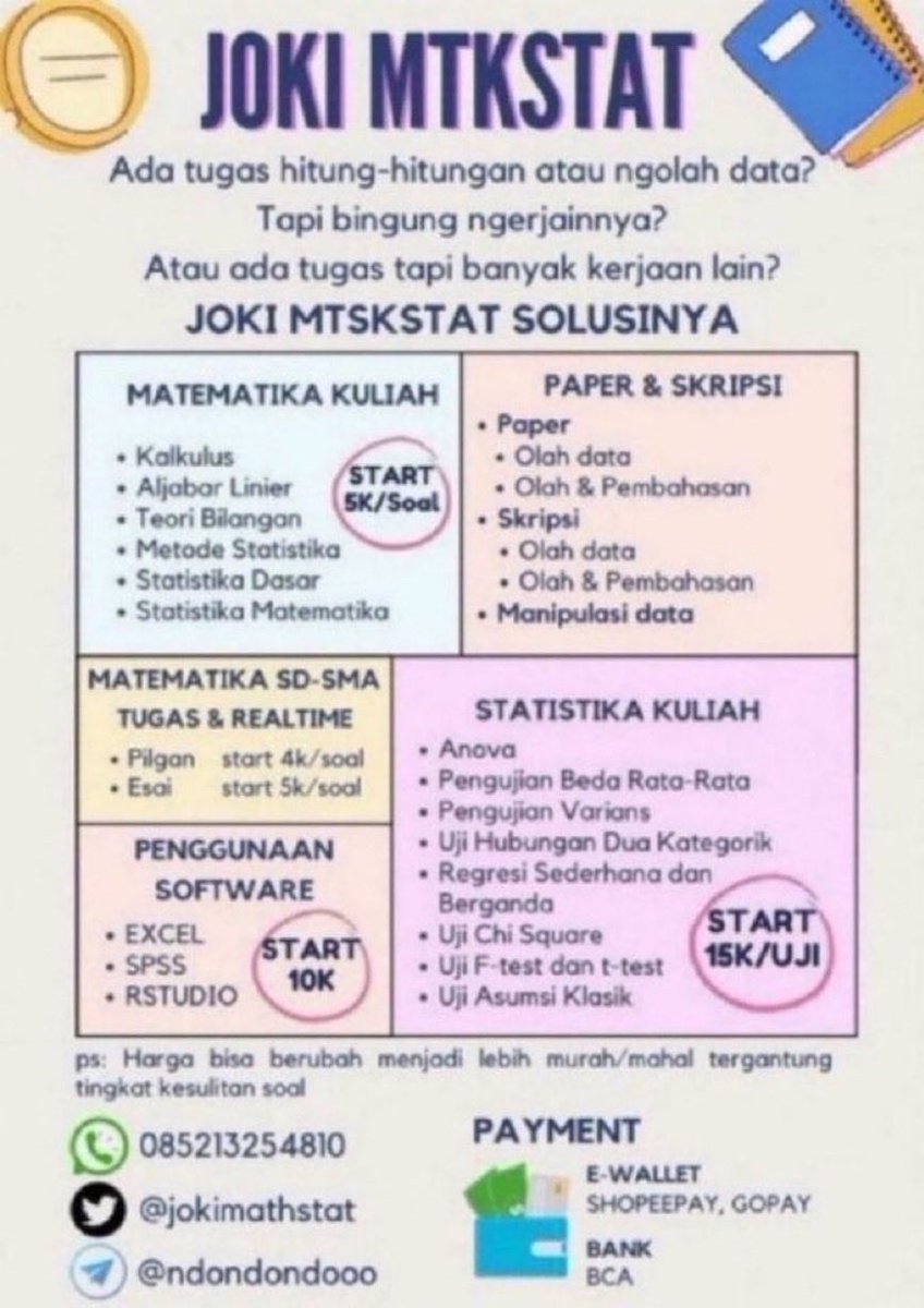 jokimathstat's tweet photo. Open Joki Tugas dan Realtime Metode statistika &amp; MTK
• Ujian Masuk
• tes Ujian MTK
• validitas reliabilitas
• regresi korelasi
• Paper &amp; Skripsi
• excel spss eviews

Hub https://t.co/OmknF98AFT

Dikerjain lulusan STATISTIKA ipk 3,8 #zonauang #joki #jokistatistika #jokimtk https://t.co/neOm8E5Xtm