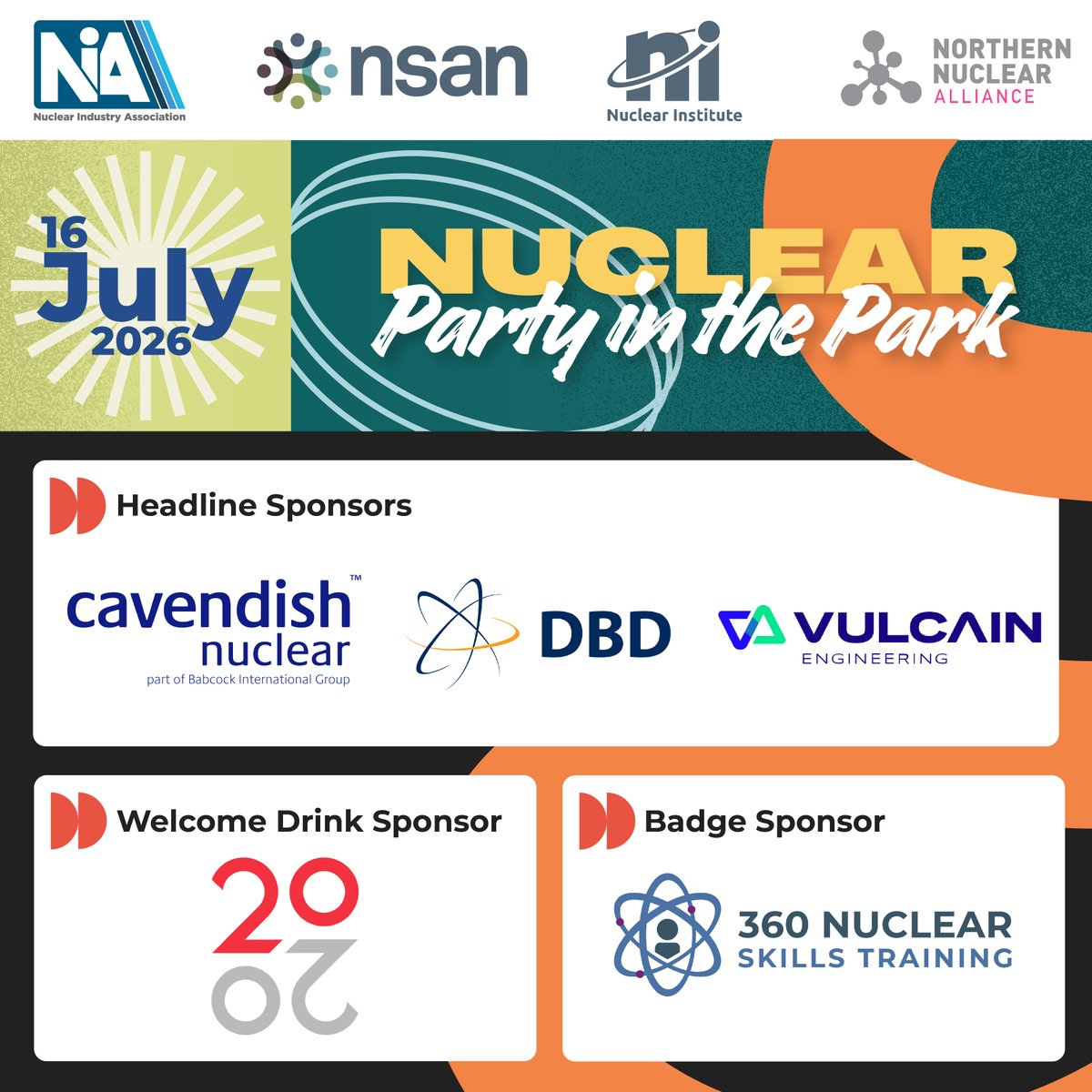 NSA_Nuclear's tweet photo. A huge thank you to our event sponsors for supporting Nuclear Party in the Park! A collaborative celebration hosted with four leading UK nuclear organisations: Nuclear Industry Association, National Skills Academy for Nuclear (NSAN), Nuclear Institute, and Northern Nuclear Alliance. 
 
Headline Sponsors: Cavendish Nuclear, DBD International, and Vulcain Engineering - UK
Welcome Drink Sponsor: 20/20 Project Management Training | B Corp™
Badge Sponsor: 360 Nuclear Skills Training

This festival-style evening has been designed with collaboration at its core. Strengthening relationships, sparking new conversations, and connecting with peers from across the sector in a relaxed outdoor setting. A BBQ, complimentary drinks (thanks to our sponsors), and live music are included. Secure your spot here: https://t.co/kjww6SMGOZ

A limited number of sponsorship opportunities are still available, get in touch to find out more.
 
Event details: 16 July 2026, 4:00 pm–8:00 pm | The Engine Rooms, Birchwood Park, Warrington. The event is free to attend for members of NIA, NSAN, NI, and NNA. Places are limited.

#NuclearPartyInThePark #UKNuclear #Collaboration #Networking #IndustryEvents