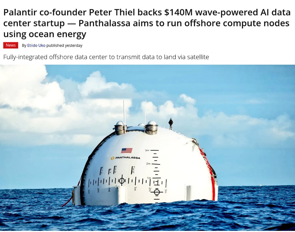 AI data centers are heading into the ocean. This could be game changing.

NEWS: US-based startup Panthalassa raised $140 million in a Series B funding round led by Palantir Technologies Co-founder Peter Thiel for wave powered Al.

The funding will support development of offshore