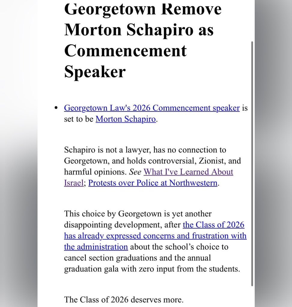 guypbenson's tweet photo. Georgetown Law leftists threw another conniption fit, this time because Morty Schapiro was set to be their commencement speaker. Schapiro, an accomplished academic (who supports Israel, along with the vast majority of Jews), holds “controversial, Zionist and harmful opinions,” they seethed. Schapiro has now withdrawn, bowing to the deranged mob of future “elite” lawyers.