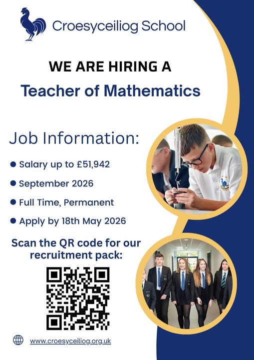 croesyschool's tweet photo. Teacher of Mathematics: Come and join the excellent team at Croesyceiliog School.
Please see the job information and recruitment pack here: https://t.co/NUpvIh3U2d https://t.co/XbBVby0a7s