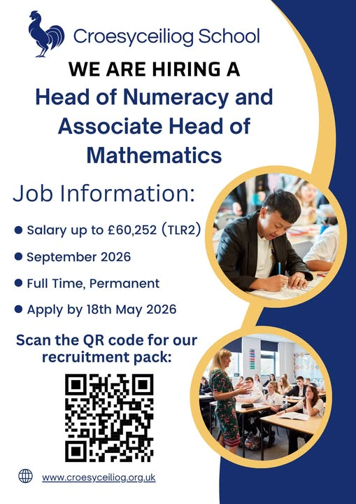 croesyschool's tweet photo. Head of Numeracy and Associate Head of Mathematics: Come and join the excellent team at Croesyceiliog School.
Please see the job information and recruitment pack here: https://t.co/NUpvIh3U2d https://t.co/0fIDK82rjw