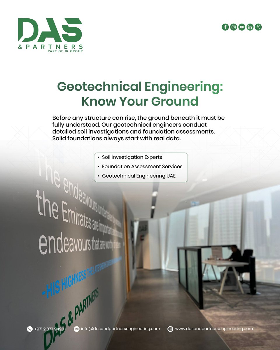 dasandpartners's tweet photo. ▸Geotechnical Engineering:#GeotechnicalEngineering #SoilInvestigation #FoundationDesign #GroundEngineering #SiteAnalysis #EngineeringConsultancy #ConstructionEngineering #StructuralSafety #SubsurfaceAnalysis #FoundationAssessment #CivilEngineering #UAEConstruction https://t.co/g4wFULvZ1F