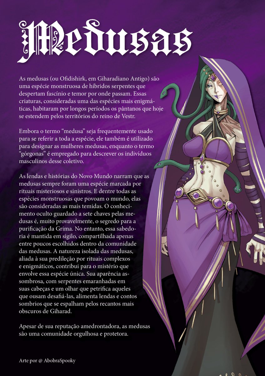 giharadrpg's tweet photo. E aí, giharadiano! Pronto para mais uma curiosidade de #GiharadRPG?

Hoje vamos explorar um fragmento da história das medusas, uma espécie tão enigmática quanto temida, conhecida por sua habilidade de purgar a grima dos corpos de outras criaturas.

🖌️ Arte por @AbobraSpooky