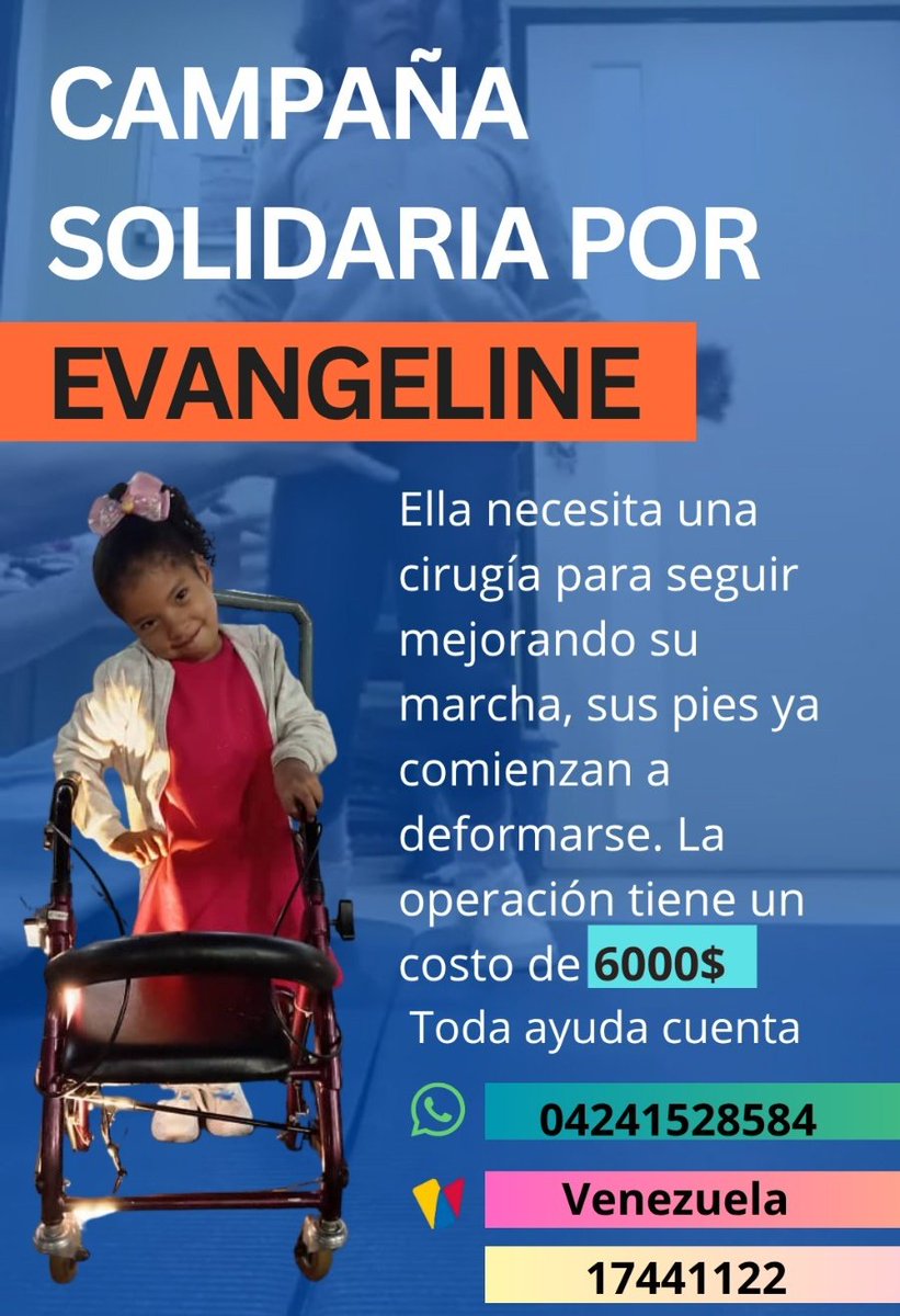 evelyndamon's tweet photo. 🙌 Evangeline necesita nuestra ayuda. Sus pies comienzan a deformarse y requiere una cirugía urgente para seguir caminando con esperanza. Solo faltan 1000$ deben conseguirse antes del próximo lunes 
📞 0424-1528584  
🇻🇪 Venezuela

Solidaridad  #Caracas #EnVideo https://t.co/4H7ZNcPYKf