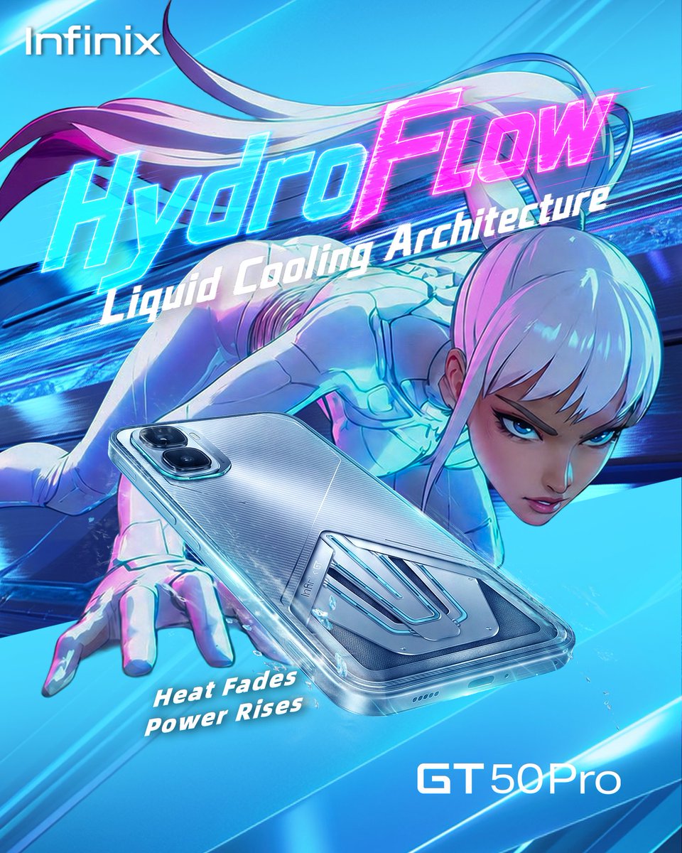 Infinix_Mobile's tweet photo. When HEAT takes over the city, she restores blue order.
#GT50Pro wins with HydroFlow Liquid Cooling, 144FPS, Pressure-Sense GT Trigger.
One device to dominate.
Final chapter has arrived.
#LiquidFlowHyperPerformance #GamingPhone #LiquidCooling https://t.co/FKOKUH9dIG