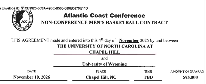 MattBrownEP's tweet photo. Dunno if the smarter basketball schedule people have already reported this, BUT JUST IN CASE THEY HAVEN'T, Wyoming MBB will play at North Carolina this season on Nov 11. 

$95K paycheck for the Cowboys https://t.co/7MiWM0vmun